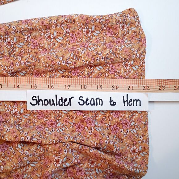 Peasant Milkmaid Top Long Ruffle Sleeve Smocked Size S* Peach Pink Ditsy Floral - Picture 4 of 8